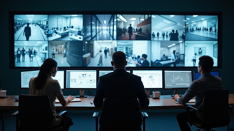 Wide angle view of a security control panel with multiple screens showing surveillance footage