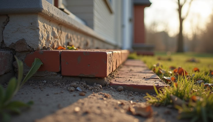 Eye-level view of a sturdy brick foundation supporting a house