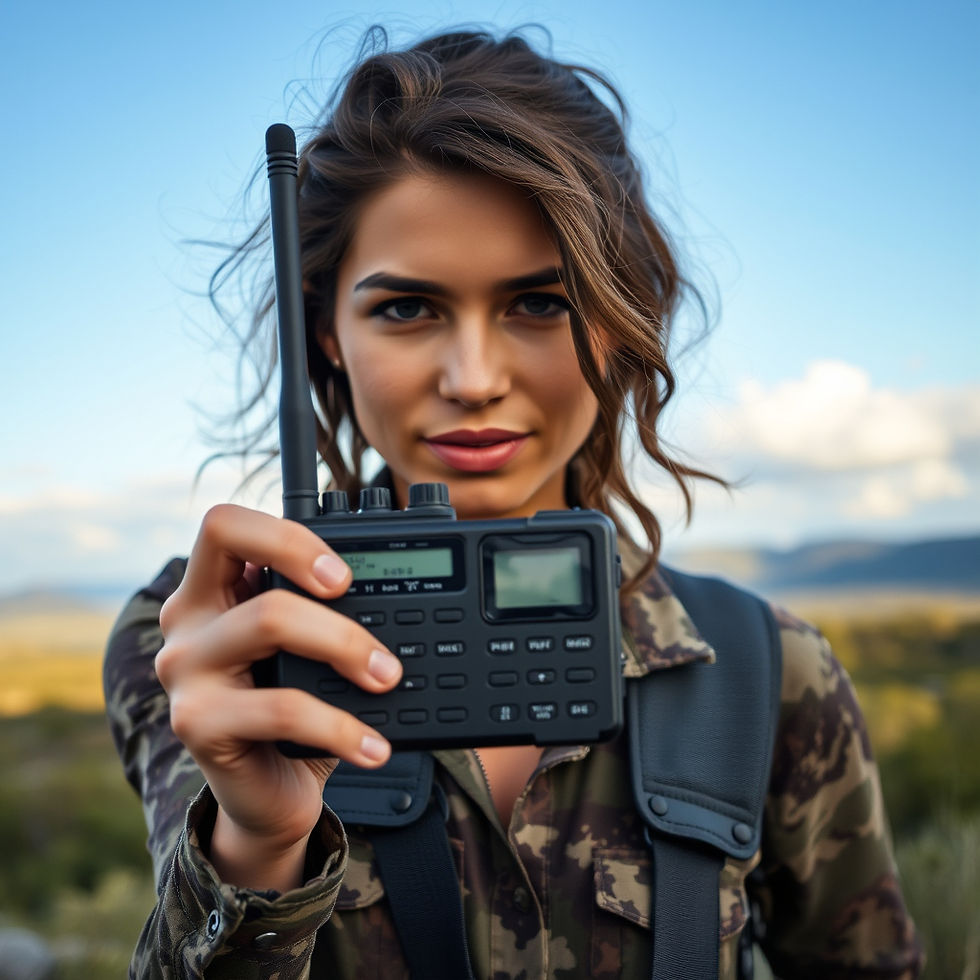 Woman holding emergency radio in nature, survival mode , woman facing frontal .jpg