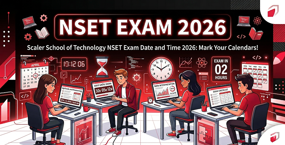 Scaler School of Technology NSET exam date and time students preparing online aptitude exam on laptops