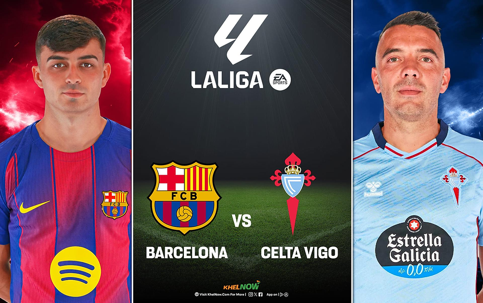 Barcelona vs Celta Vigo match players in action with football stadium background and intense gameplay