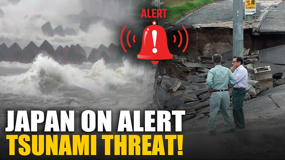 Japan earthquake causing tsunami waves approaching coastal city with warning alerts