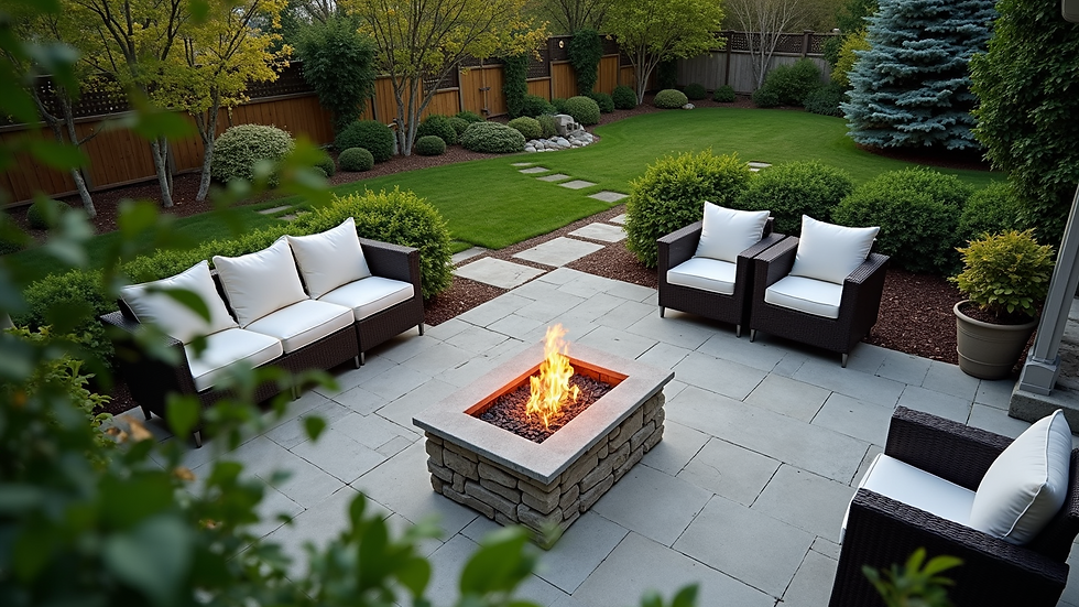 High angle view of a backyard with a stone patio, fire pit, and surrounding greenery