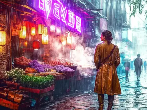 A woman with dark hair tied back stands alone in a rain-soaked neon market. She wears a long brown coat and faces a vibrant produce stall glowing under warm lantern light and a purple neon sign. Mist rises from the street as rain falls, and the wet cobblestones reflect the vivid colors. Other figures are blurred in the background, creating a dreamy, cinematic atmosphere.