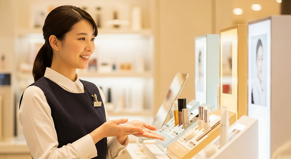 柔らかい照明に照らされながら接客する日本人販売員