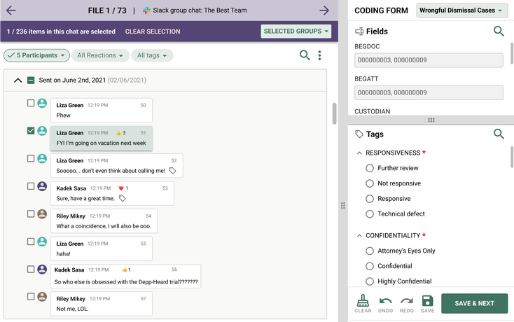 A pop-up screen with 2 sections. One section with a chat conversation where 1 message has been selected, and one section where a form about the selection needs to be filled out. 