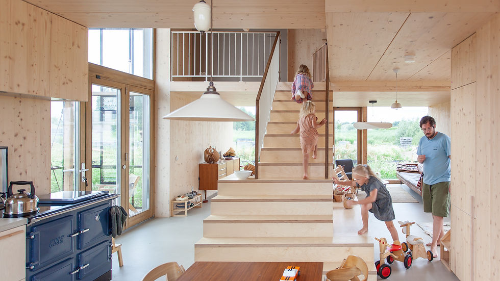 interieur van een biobased houten huis volgens het indigo concept van duurzame architect woonpioniers