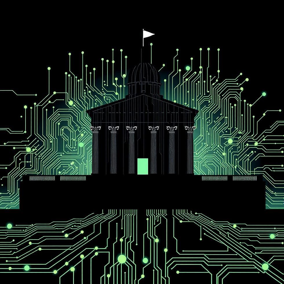 Abstract illustration of AI circuits layered over a government building to represent new laws guiding police use of artificial intelligence.