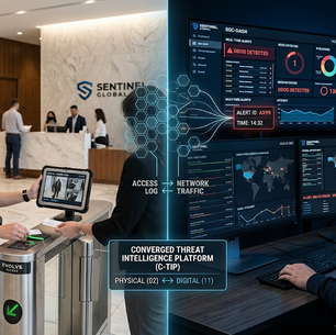 An OSRS security guard and a cybersecurity analyst representing the convergence of physical and cyber threat operations within a unified intelligence-led security framework.