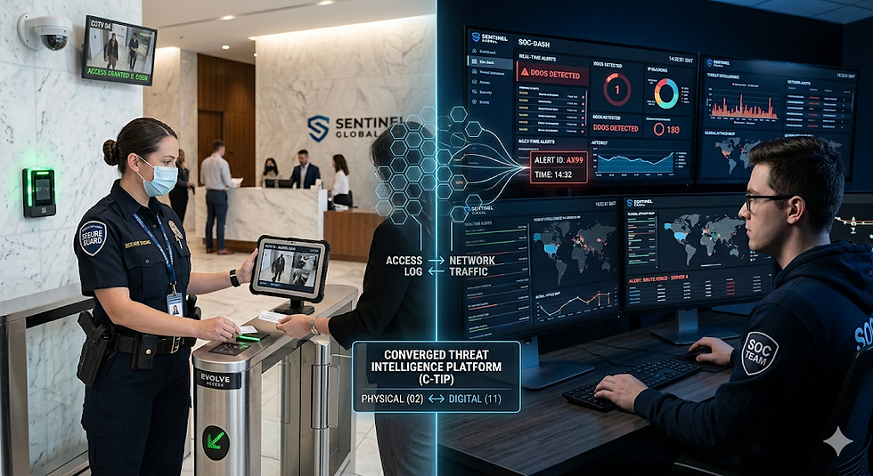 An OSRS security guard and a cybersecurity analyst representing the convergence of physical and cyber threat operations within a unified intelligence-led security framework.