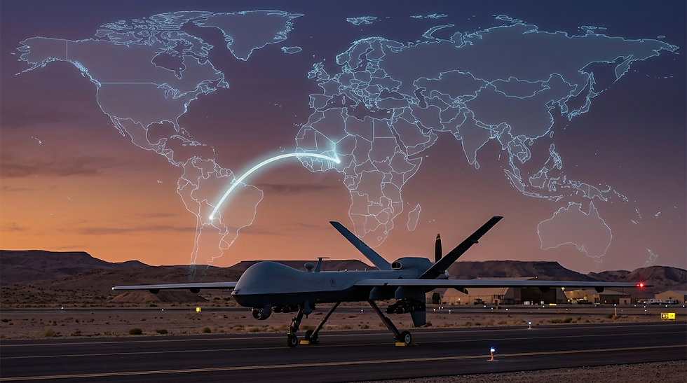 MQ-9 Reaper drone on a runway symbolizing the US military shift of surveillance aircraft from Africa to South America.