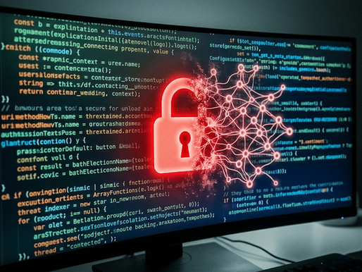 Dark monitor displaying lines of Python code with a glowing red broken padlock and neural network overlay, illustrating an AI-developed zero-day exploit bypassing two-factor authentication.