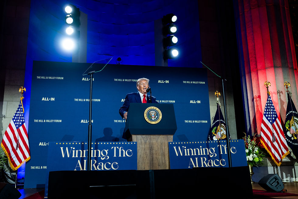 President Trump at the White House AI Summit in July 2025. On September 19, 2026, he announced plans for an "AI Force" and dismissed superintelligence fears as a "hoax." (Official White House Photo, Public Domain)