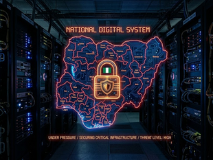 Padlock and circuit lines over a map of Nigeria, representing the country's cybersecurity breach wave and national defense response.