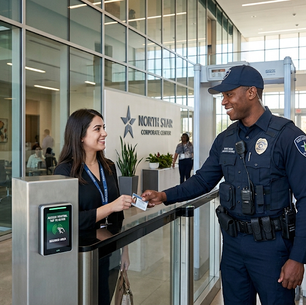 A licensed OSRS security guard performing access control and visitor screening at a corporate office entrance in Texas.