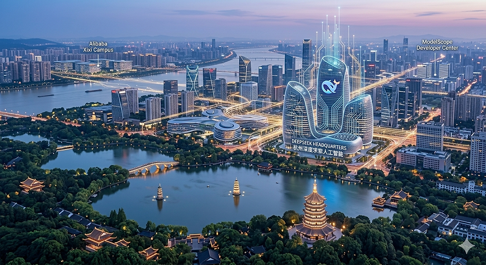Skyline view of Hangzhou, China, the city that hosts DeepSeek's headquarters and a central node in the country's AI industry.