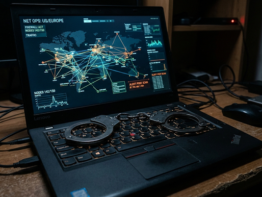 Handcuffs on a laptop keyboard with a glowing network map on screen, symbolizing the arrest of an alleged ShinyHunters hacker.