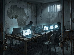 Illustration of a row of glowing laptops in a locked room with a map of West Africa on the wall, representing a scam compound in Ghana where trafficked workers are forced to commit online fraud.