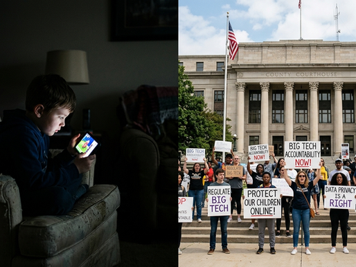 A young child using a smartphone in the dark, beside a courthouse where families protest for social media accountability in the landmark Meta and YouTube addiction trial.