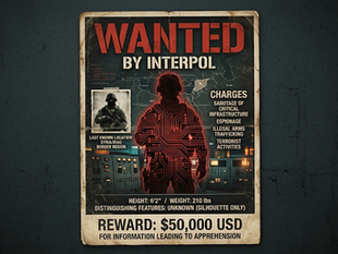 Illustration of a shadowed Iranian military cyber commander formed from red circuitry, representing the US reward for information on the IRGC Cyber-Electronic Command chief.