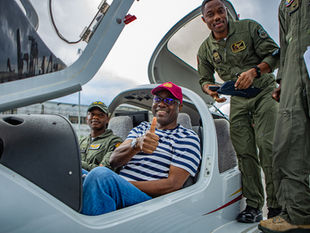 Governor Seyi Makinde of Oyo State gives a thumbs-up while seated in the cockpit of one of the newly delivered Diamond DA42 MNG surveillance aircraft, flanked by Nigerian Air Force flight crew members at Samuel Ladoke Akintola Airport, Ibadan.