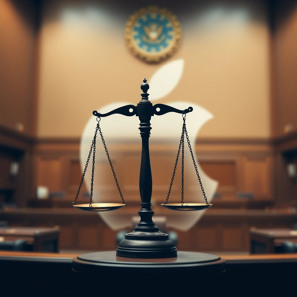 Courtroom with scales of justice in foreground and blurred Apple logo in background representing legal action over platform responsibility.