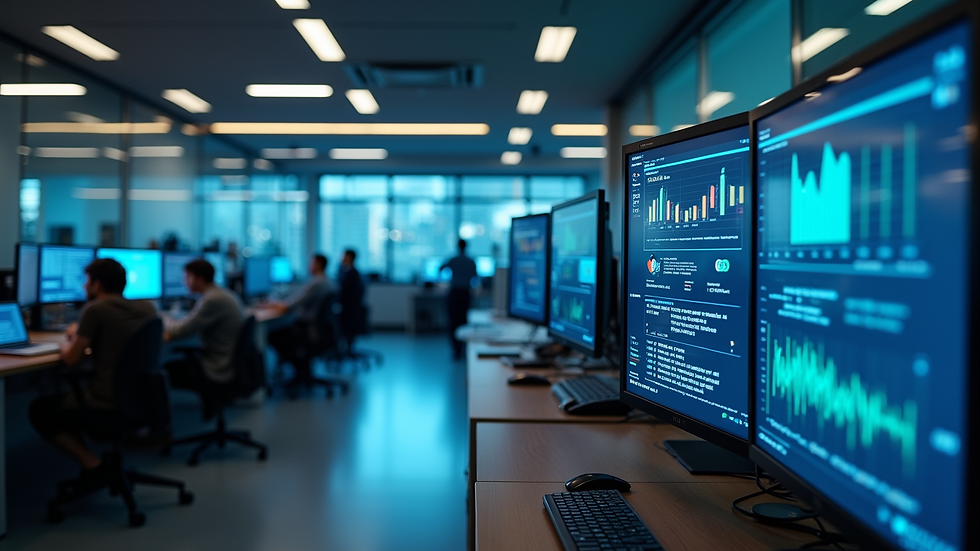 Eye-level view of a modern office with cybersecurity monitoring screens