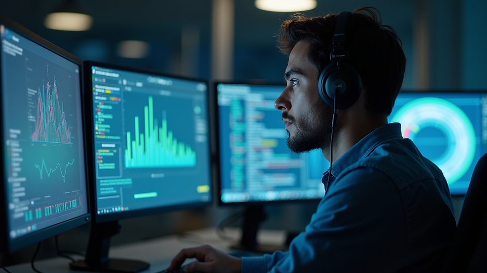 Close-up view of a cybersecurity analyst monitoring multiple screens