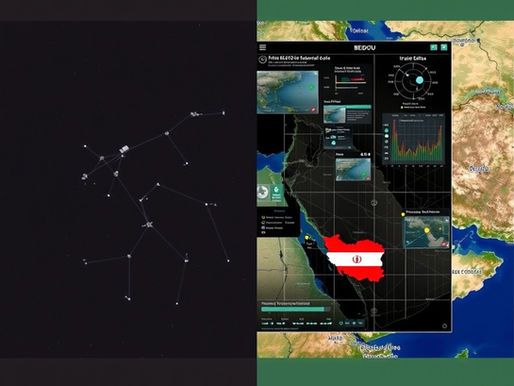 BeiDou satellite constellation on left, AI targeting interface/data visualization on right — with Iran/Middle East map overlay