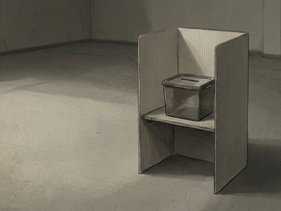 Illustration of an empty polling booth and ballot box under muted light, representing low voter turnout ahead of Nigeria's January 2027 presidential election.