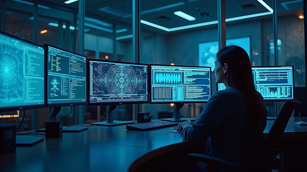 Eye-level view of a cybersecurity operations center with multiple monitors