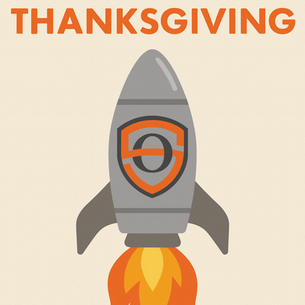 Happy Thanksgiving greeting card featuring a gray and orange rocket with the OGUN Security Research and Strategic Consulting LLC logo at the center, launching upward with bright flames against a light beige background.