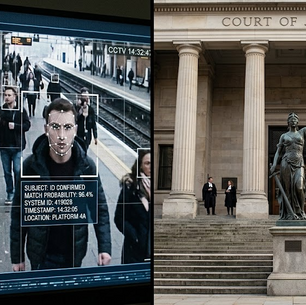 Facial recognition AI grid overlaid on surveillance footage beside courthouse steps and scales of justice, illustrating AI errors in law enforcement decisions.