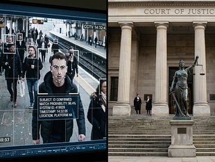 Facial recognition AI grid overlaid on surveillance footage beside courthouse steps and scales of justice, illustrating AI errors in law enforcement decisions.
