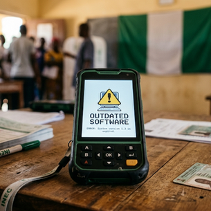 Illustration of a Nigerian BVAS voter accreditation device displaying an outdated software warning, symbolizing election technology security risks ahead of the 2027 elections.