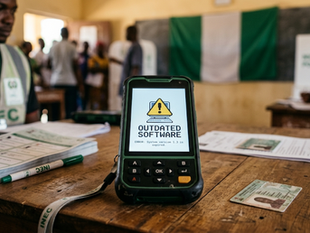 Illustration of a Nigerian BVAS voter accreditation device displaying an outdated software warning, symbolizing election technology security risks ahead of the 2027 elections.
