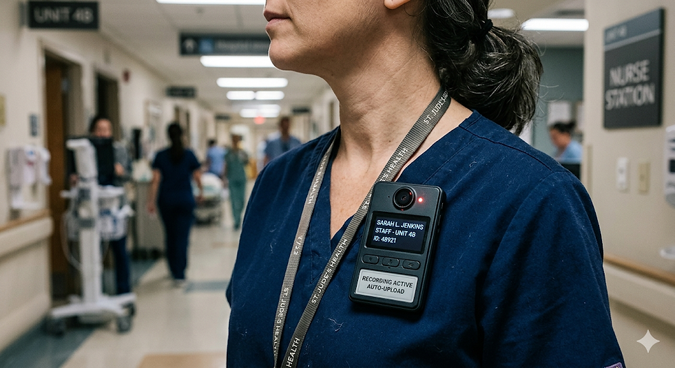 Worker wearing an AI-powered smart badge with a small screen and camera in a blurred workplace, illustrating agent-first devices.