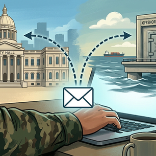 Illustration of a uniformed arm at a laptop as a diverted email payment splits between a city hall and an offshore bank, symbolizing insider business email compromise.