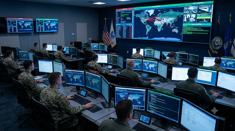 Uniformed cyber defense personnel monitoring network activity on multiple screens inside a government cyber operations center.