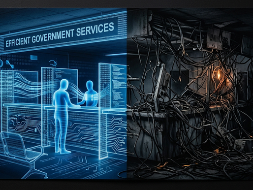 Illustration contrasting an orderly AI-enabled government service with a chaotic, poorly governed one, symbolizing AI in government as an integrity multiplier.