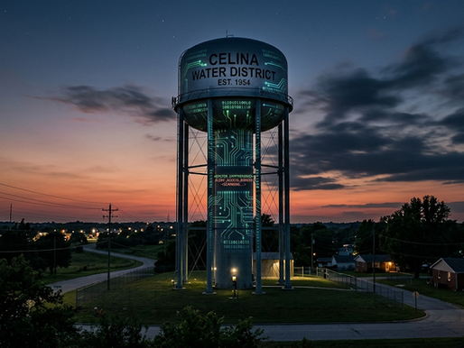 Municipal water tower at dusk with digital code overlay symbolizing a cyberattack on US water systems