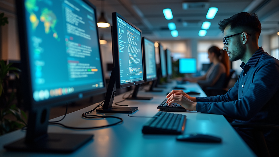 Eye-level view of a small business office with computers and cybersecurity setup