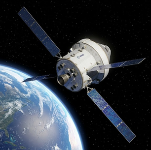 NASA's Orion spacecraft on the Artemis II mission traveling through deep space toward the Moon, illustrating the cybersecurity challenges of crewed space systems as critical infrastructure.
