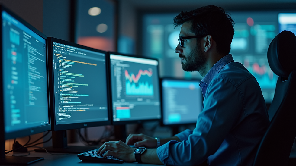 Close-up view of a cybersecurity professional analyzing data on multiple monitors