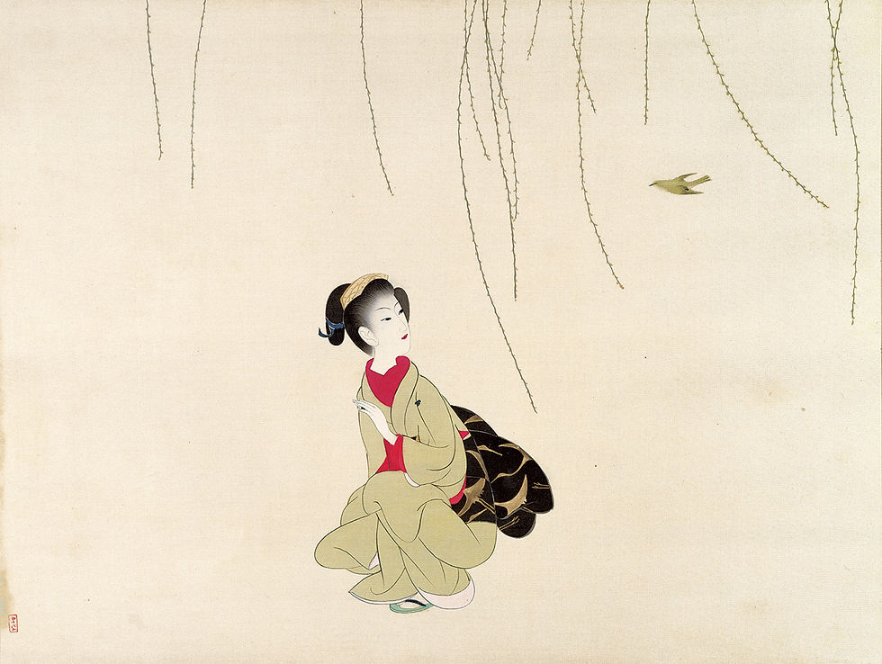 Komura Settai, "Spring Announcing Bird" circa 1932, ink and color on silk. private collection (on loan to Saitama Prefectural Museum of Modern Art), Early-period display