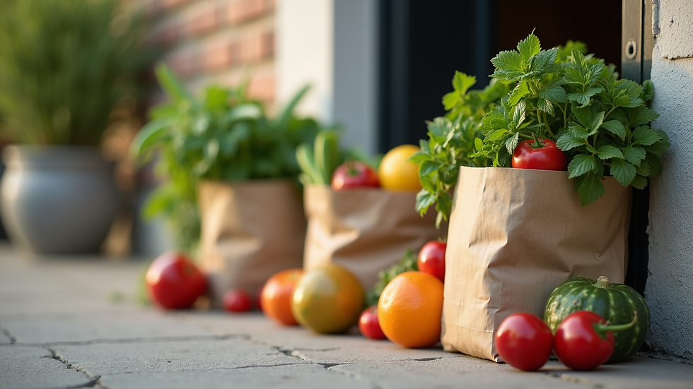 Eye-level view of grocery bags filled with fresh fruits and vegetables on a doorstep