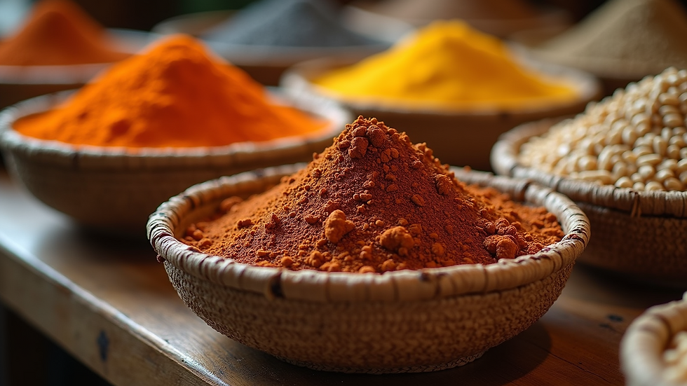 High angle view of fresh Ethiopian spices and grains in traditional baskets