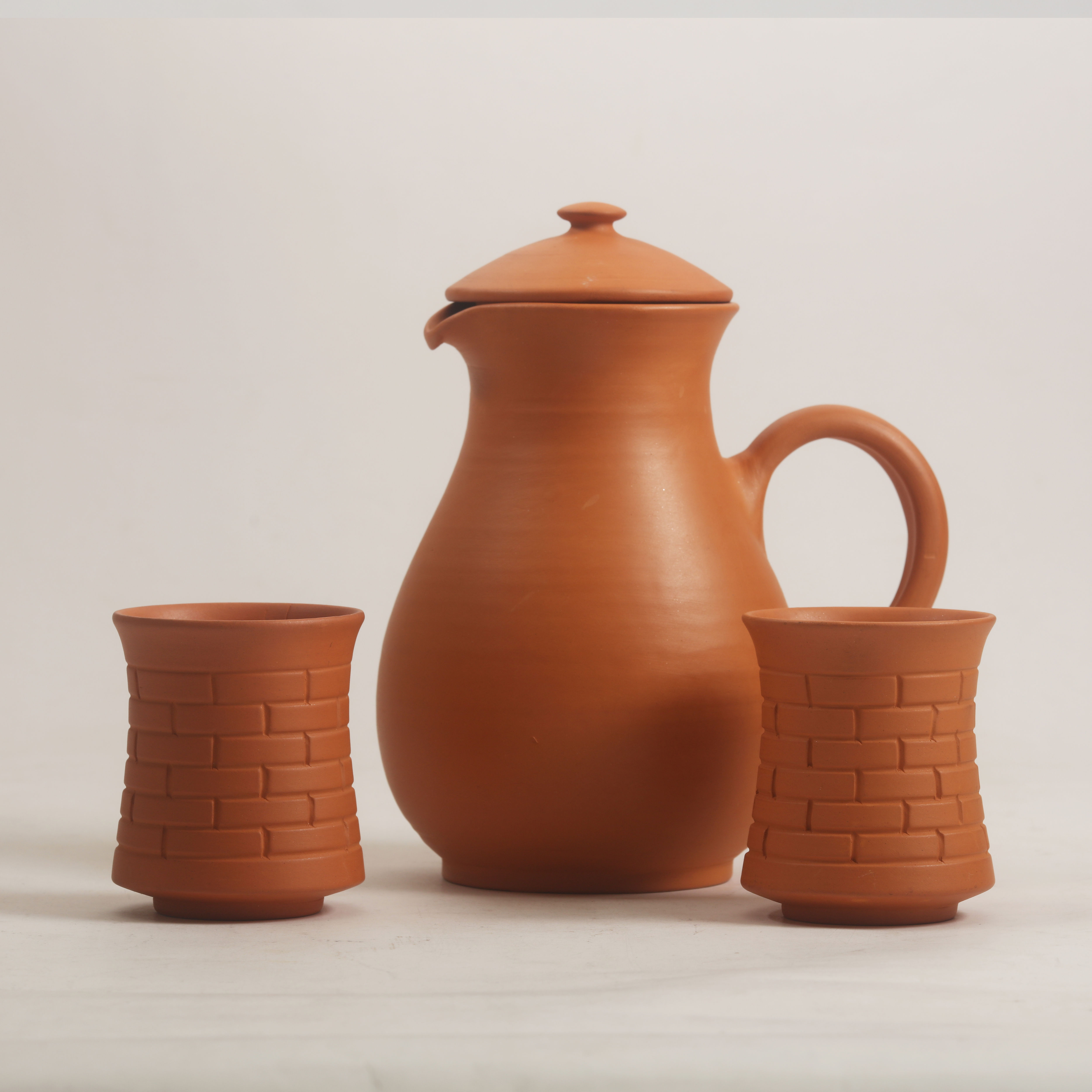Vanchai Terracotta Engraved Water Jug/Pitcher - 1000ML with set of 2 Glass