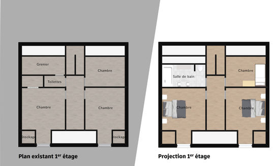 Plan avant / après niveau R+1 pour faciliter la projection