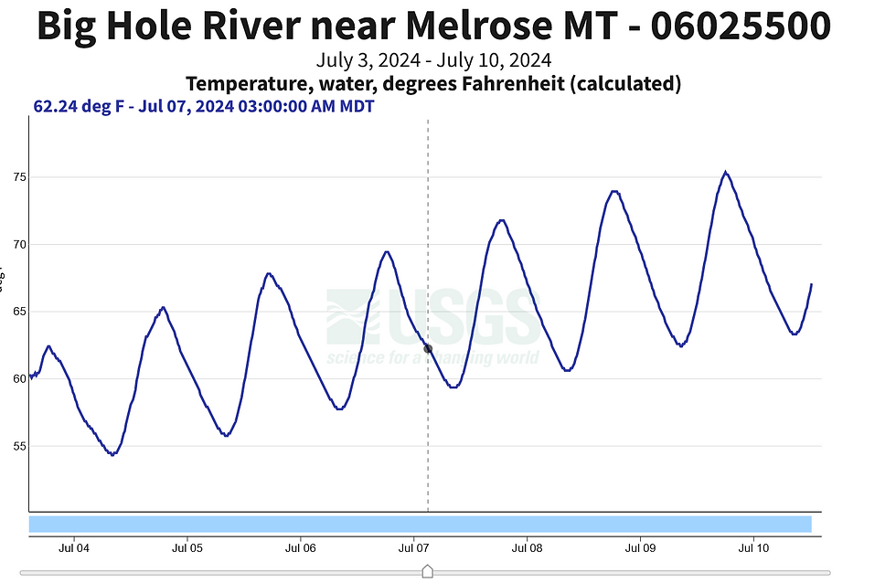 Graph of Big Hole River water temperature near Melrose MT from Jul 3-10, 2024. Blue line shows fluctuations, peaking around 70°F.